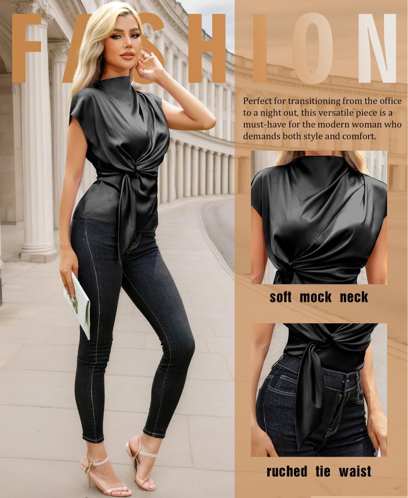 VIDUSSA Womens Dressy Casual Tops - Silk Satin Work Blouse Mock Neck Cap Sleeve Ruched Tie Front Peplum Tunic Shirts Black Large - Image 3