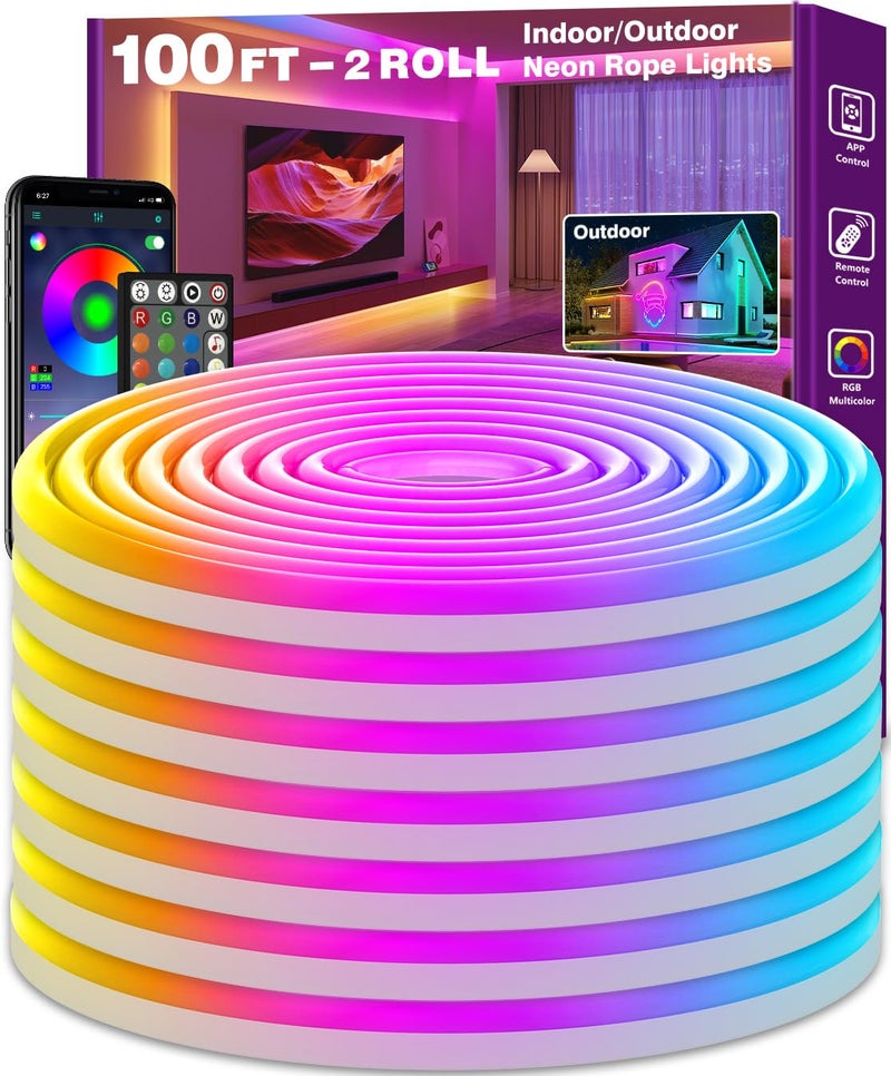 SINLEY Led Neon Rope Lights 100FT,Control with App/Remote,Flexible Led Rope Lights,Multiple Modes,IP68 Outdoor RGB Neon Lights Waterproof,Music Sync Gaming Led Strip Lights for Bedroom Indoor - Image 1