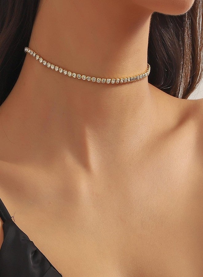 Beryuan Sparkly Rhinestone Tennis Choker Necklace - Crystal Rhinestone Choker for Brides & Bridesmaids (Gold) - Image 3