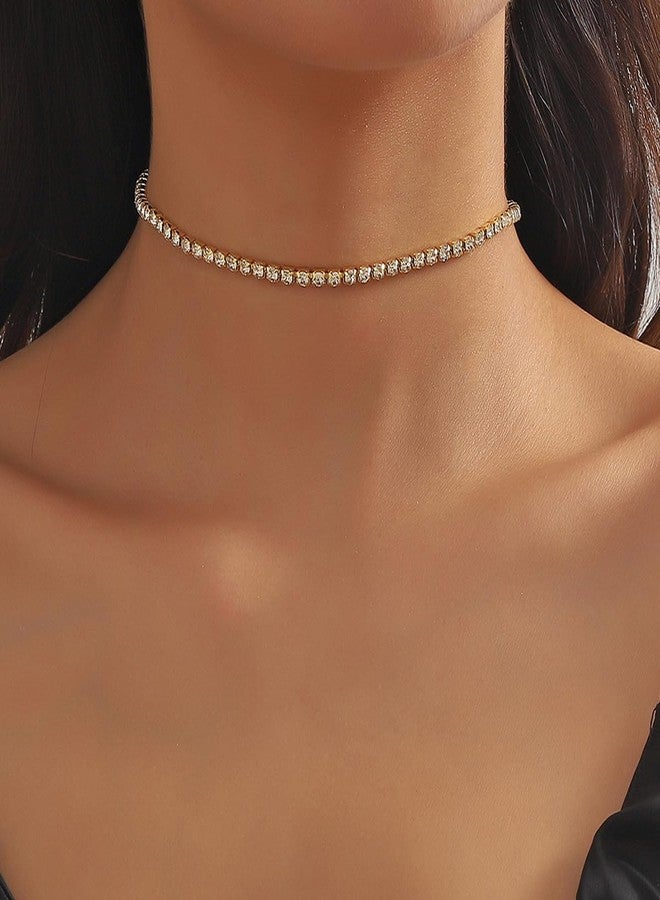 Beryuan Sparkly Rhinestone Tennis Choker Necklace - Crystal Rhinestone Choker for Brides & Bridesmaids (Gold) - Image 2