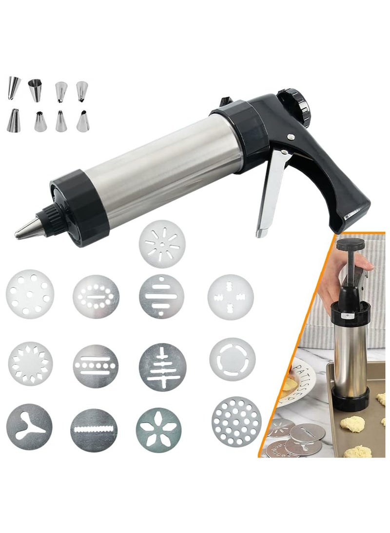 طقم مكبس بسكويت الكوكيز وكريمة تزيين الكيك من الفولاذ المقاوم للصدأ مع مسدس كريمة تزيين، 13 قطعة من إعدادات التزيين - Image 1