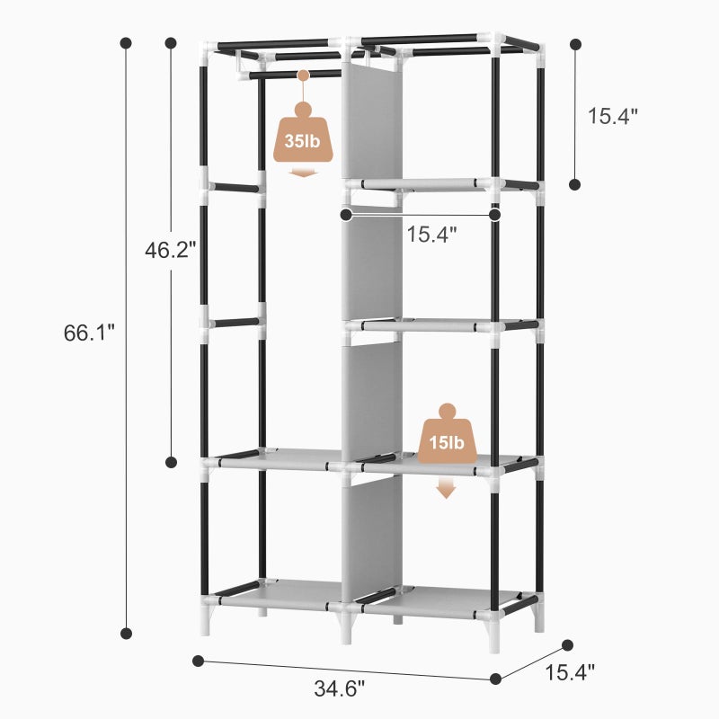 ROJASOP Portable Closet Wardrobe Closet for Hanging Clothes with 6 Storage Shelves, 1 Hanging Rod and 4 Pockets, Free Standing Closet Clothes Organizer for Bedroom, Sturdy and Easy Assemble - Image 3