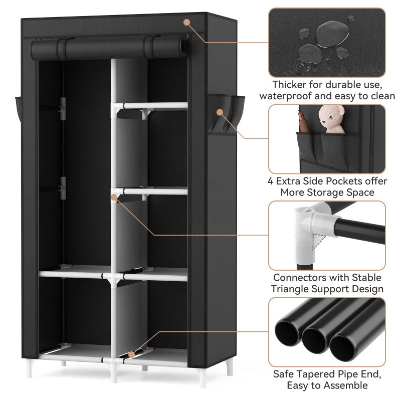 ROJASOP Portable Closet Wardrobe Closet for Hanging Clothes with 6 Storage Shelves, 1 Hanging Rod and 4 Pockets, Free Standing Closet Clothes Organizer for Bedroom, Sturdy and Easy Assemble - Image 4