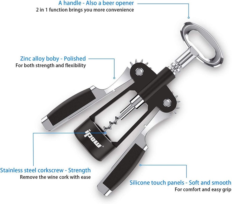 IPOW Wine Opener, Zinc Alloy Wine Bottle Opener, Wing Corkscrew Heavy Duty, Manual Multifunctional Cork Screw for Waiter, Upgraded Black - Image 2