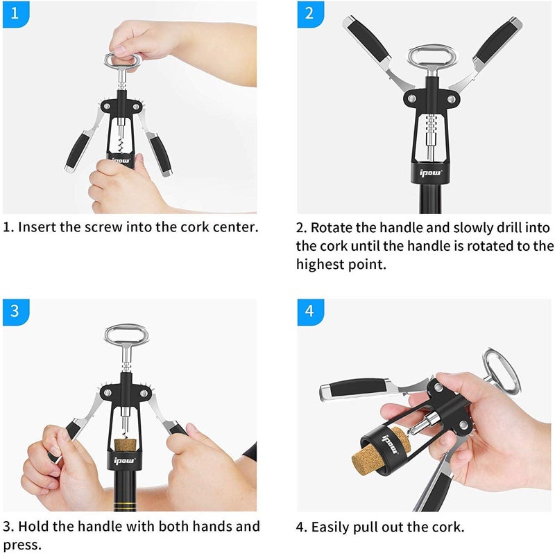 IPOW Wine Opener, Zinc Alloy Wine Bottle Opener, Wing Corkscrew Heavy Duty, Manual Multifunctional Cork Screw for Waiter, Upgraded Black - Image 4