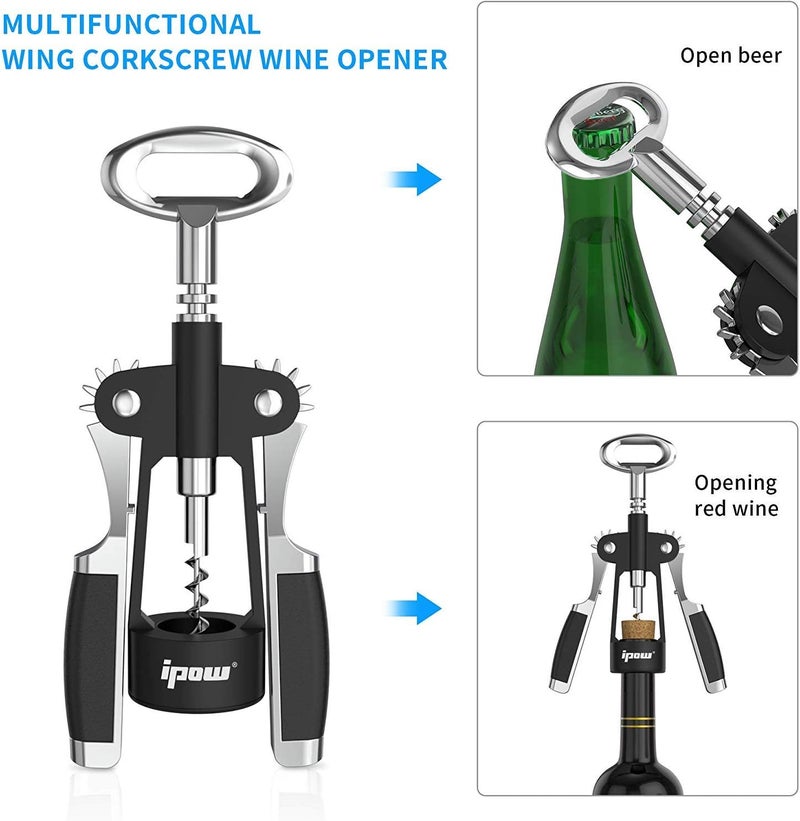 IPOW Wine Opener, Zinc Alloy Wine Bottle Opener, Wing Corkscrew Heavy Duty, Manual Multifunctional Cork Screw for Waiter, Upgraded Black - Image 3