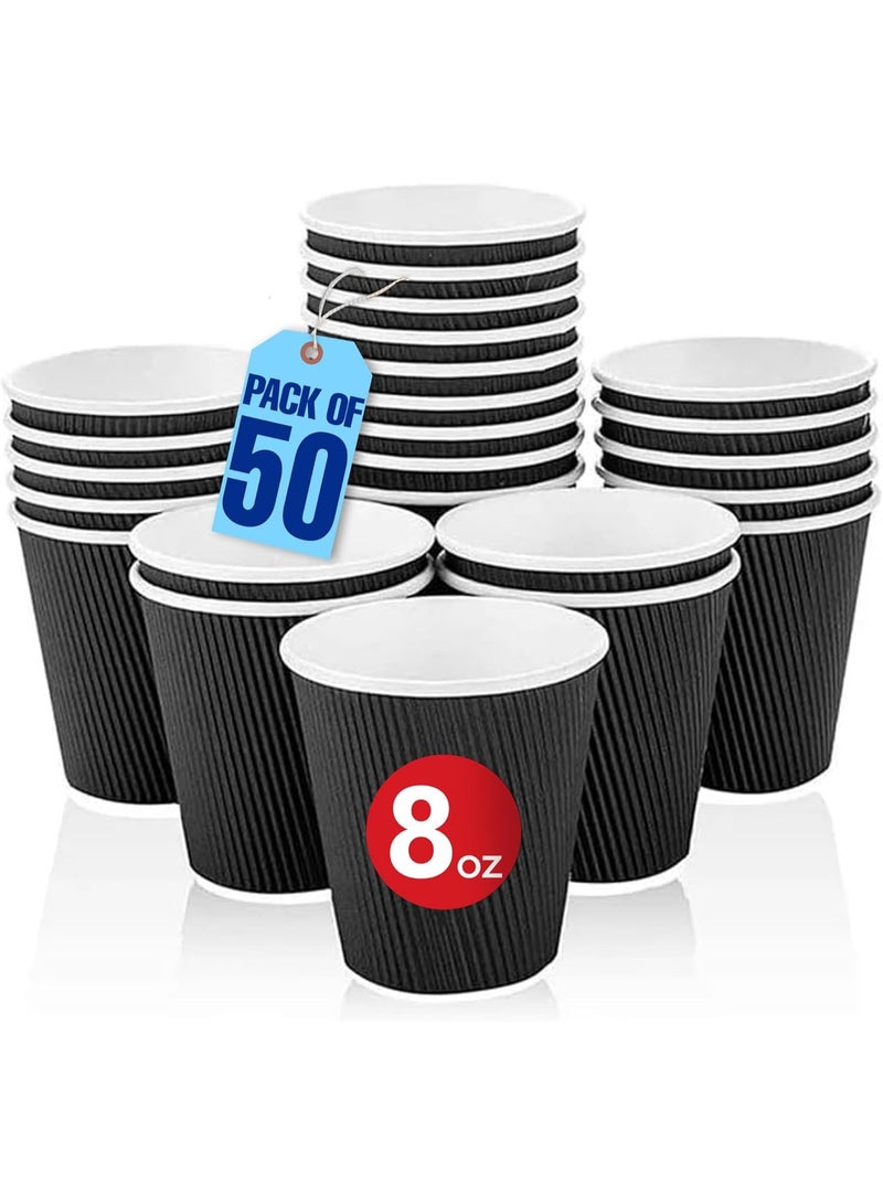 Three-ply corrugated disposable paper cups for hot coffee, suitable for hot and cold beverages - black color, [50 cups] 8 oz. - Image 1