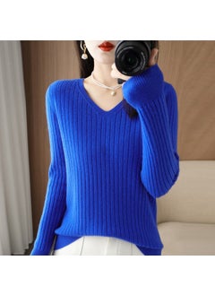 Spring 2025 Womens Wool-Blend Sweater V-Neck Solid Color Ribbed Pullover Base Knitted Top Smooths Your Silhouette Klein Blue