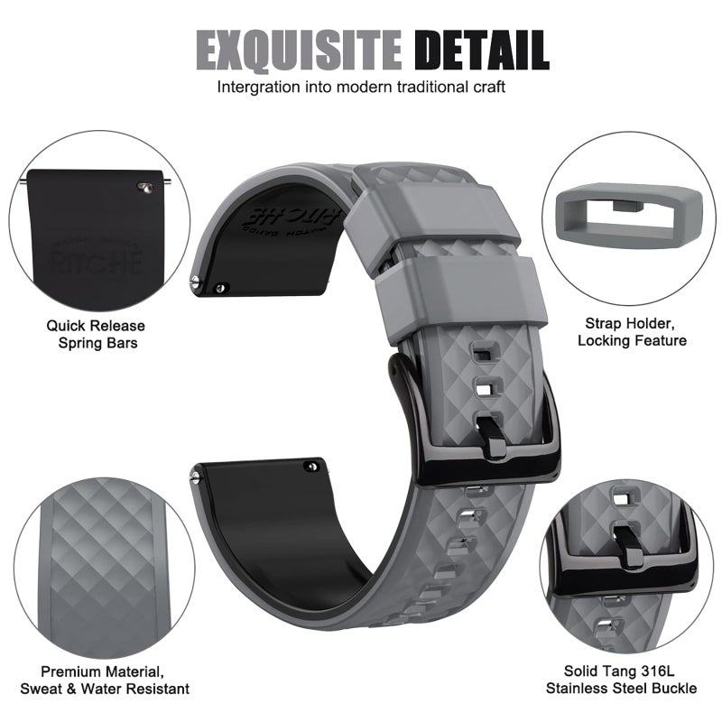 Ritche Silicone Watch Bands 18mm 20mm 22mm 24mm Quick Release Rubber Watch Bands for Men, Smoke Gray / Black / Black, 20mm, Classic - Image 2