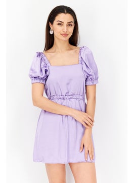 Women Petite Satin Plain Mini Dress, Purple