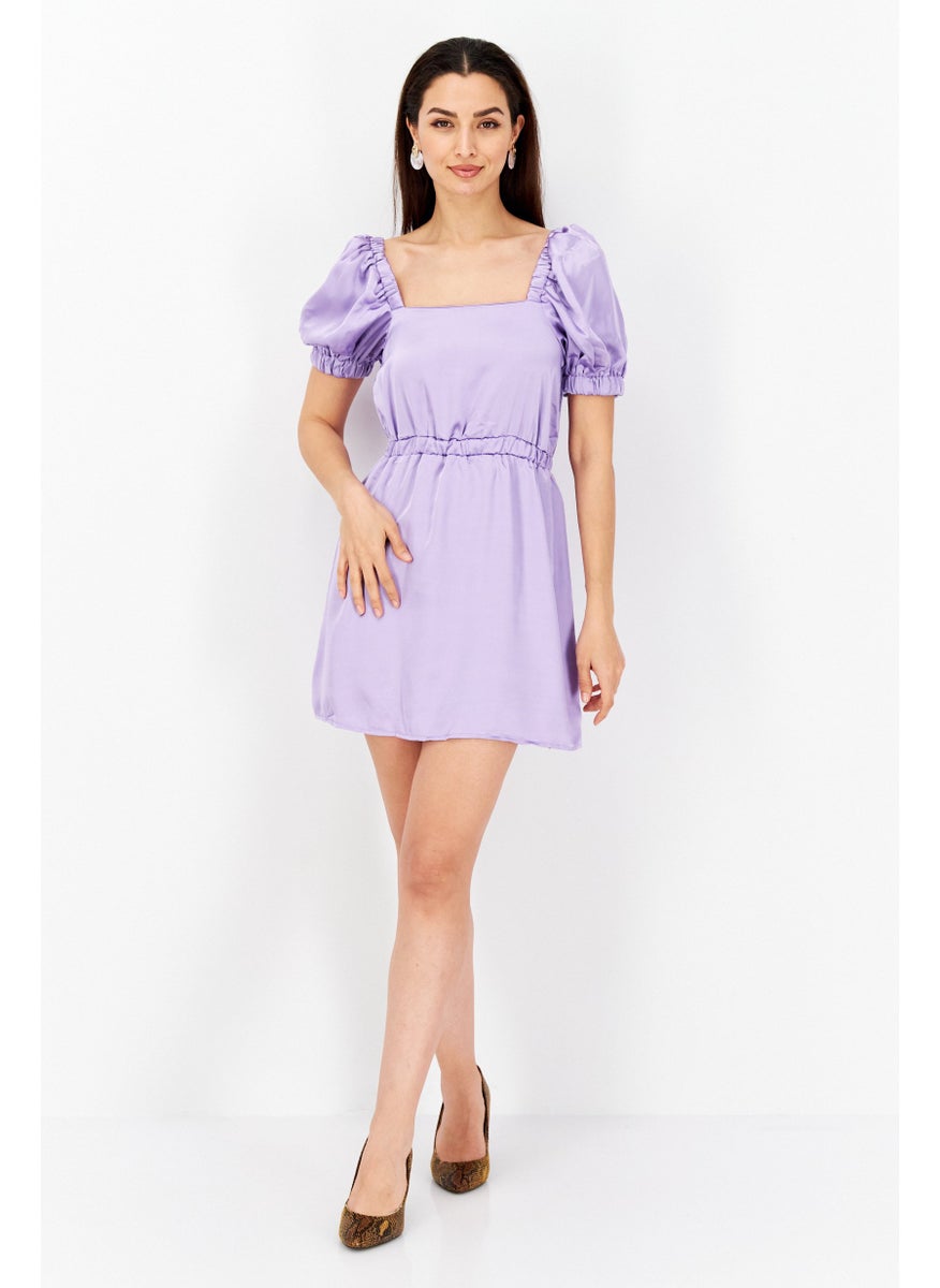 Flounce London - Women Petite Satin Plain Mini Dress, Purple - Image 1