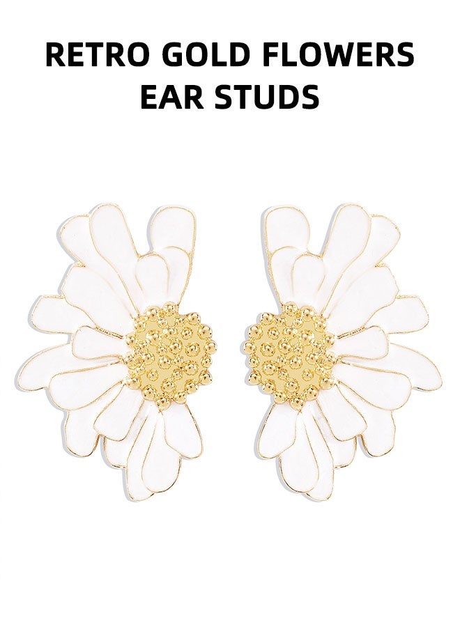 أقراط الزهور للنساء، أقراط من سبائك مضادة للصدأ والبهتان ومضادة للحساسية، هدية مجوهرات عصرية (أبيض + ذهبي) - Image 2