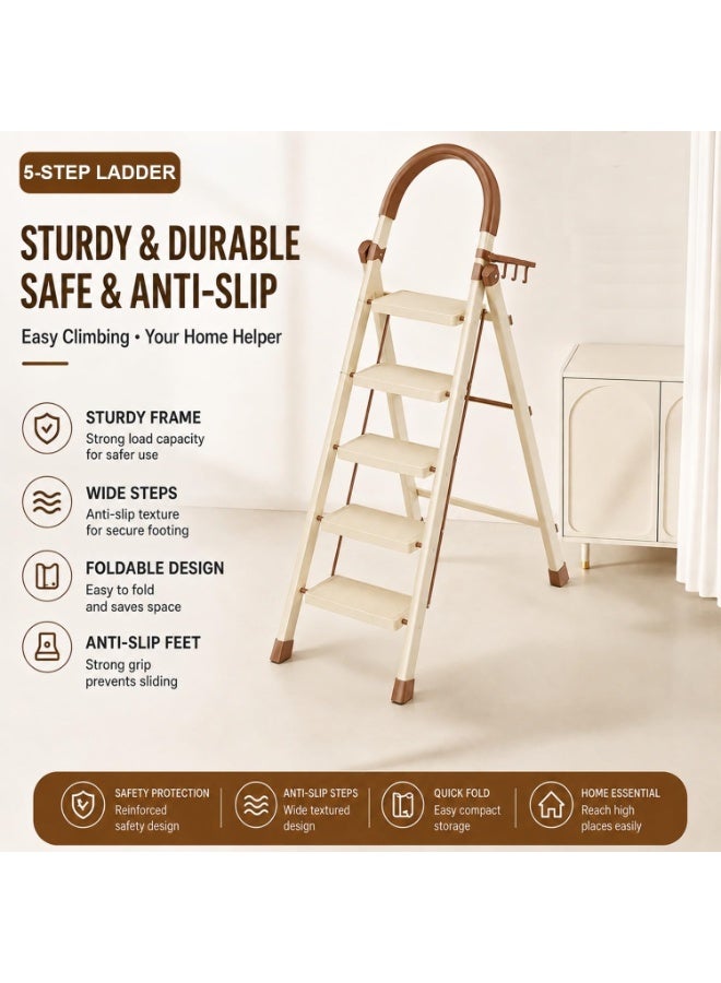 DubaiGallery Premium Folding Ladder with Safety Handrail This beautifully designed folding ladder provides excellent balance between functionality and appearance, featuring multiple spacious steps, a supportive handrail, sturdy frame, anti-slip feet, and useful side hooks for convenient household storage and everyday accessibility. - Image 1