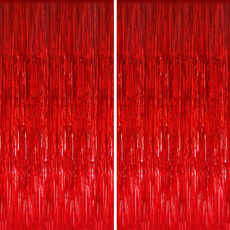 GOER 64 ft x 98 ft Metallic Tinsel Foil Fringe CurtainsPack of 2 Party Streamer Backdrop for BirthdayGraduation Decorations and New Year Eve Red