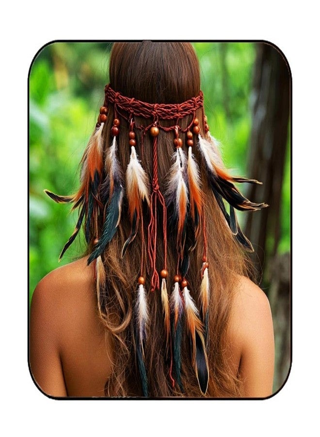 GORTIN Boho Feather Headband Indian Hippie Headpiece Festival Feather Hair Accessories for Women (Brown, Free size) - Image 1