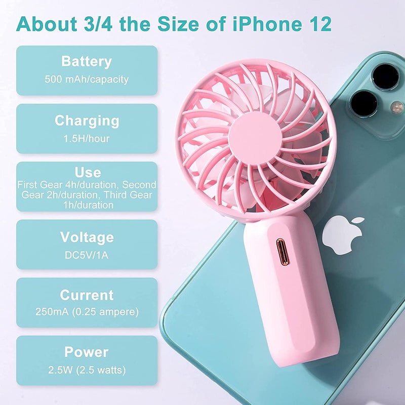 PADOM Handheld Mini Fan Battery Operated Small Personal Portable Fan Speed Adjustable USB Rechargeable Fan for Kids Girls Women Men Home Office Indoor Outdoor Travelling (Pink) - Image 5