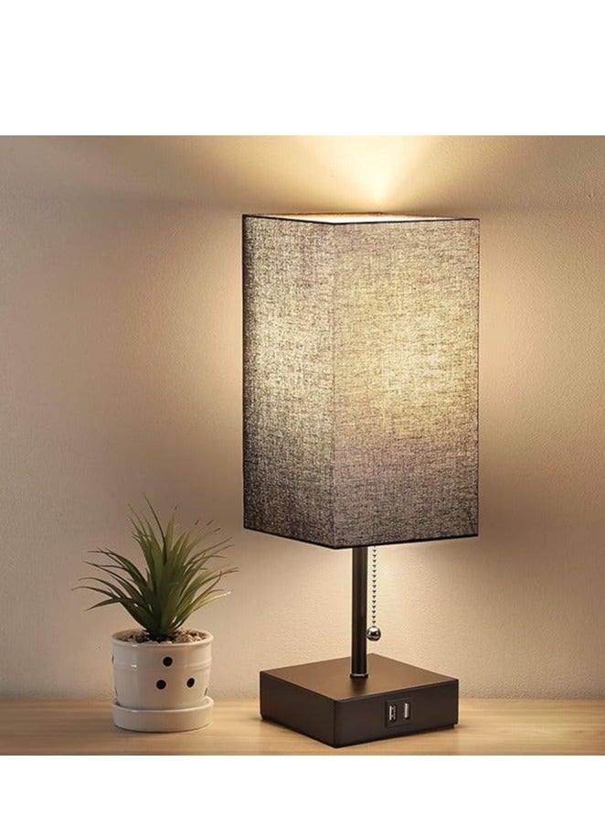 DUNISO Beside Table lamp, fabric bedroom lamp with square lampshade LED bulb, three color adjustable desk lamp with USB A and C ports, suitable for living room, study and bedroom - Image 1