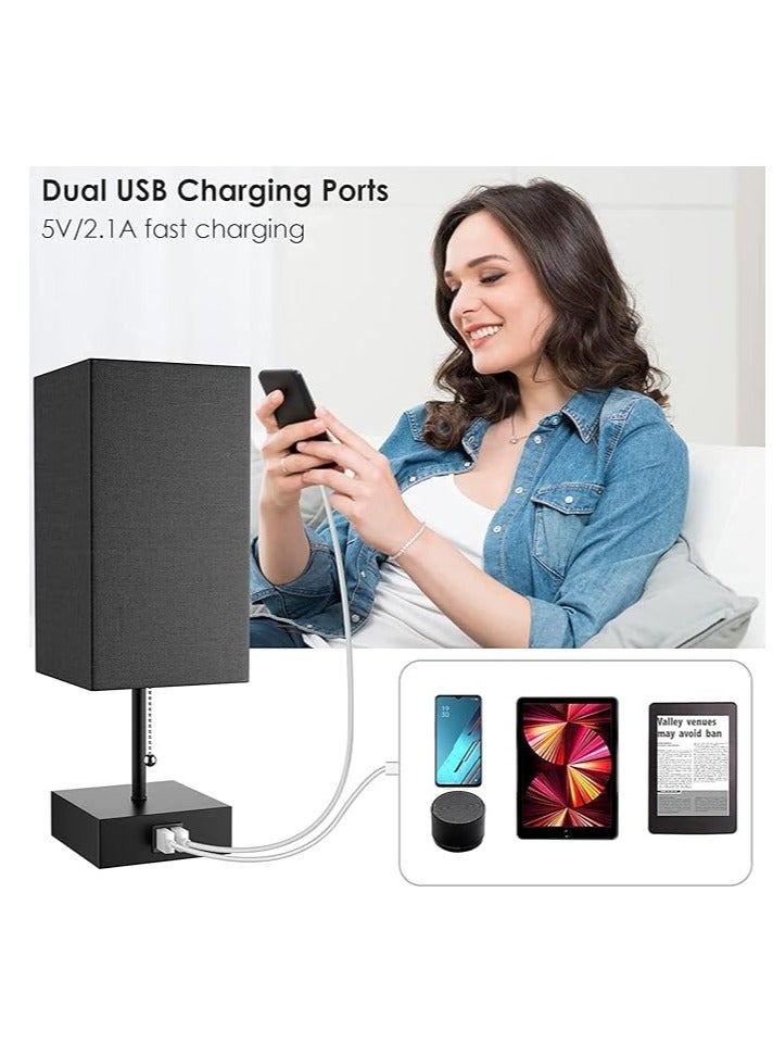 DUNISO Beside Table lamp, fabric bedroom lamp with square lampshade LED bulb, three color adjustable desk lamp with USB A and C ports, suitable for living room, study and bedroom - Image 4