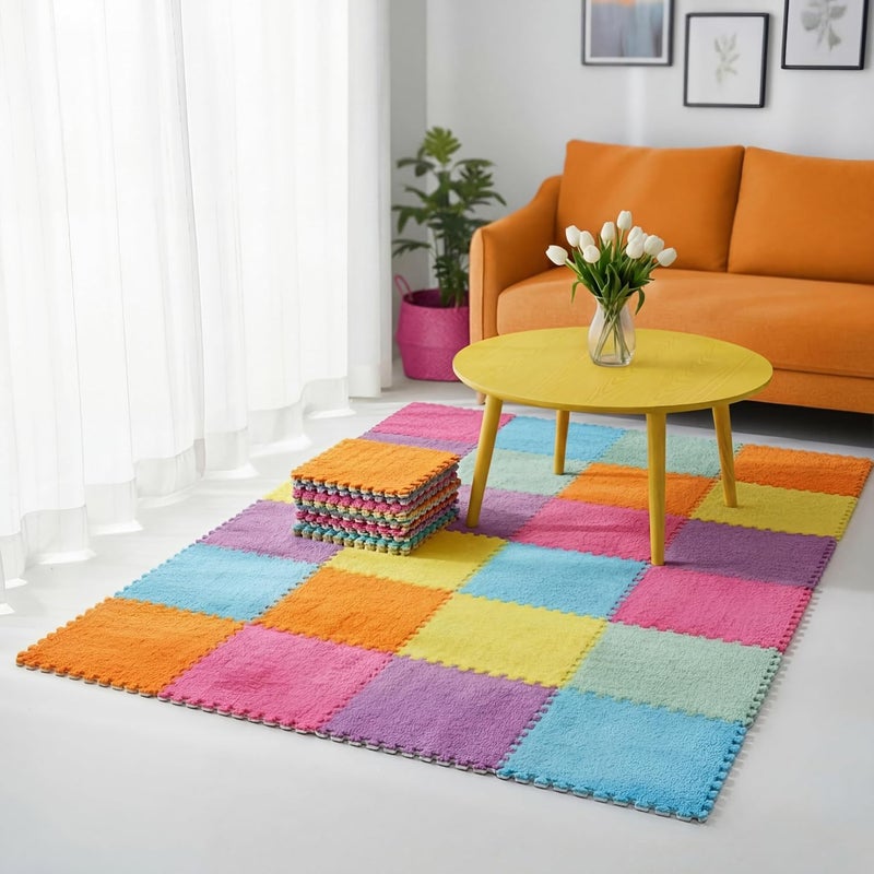Tinideya 18 Pcs Plush Interlocking Carpet Tiles, 12 x 12 x 0.4 Inch EVA Foam Puzzle Mat Squares, Soft Washable Anti Slip Floor Mat for Bedroom, Nursery, Playroom, Living Room, Macaron Colors - Image 1