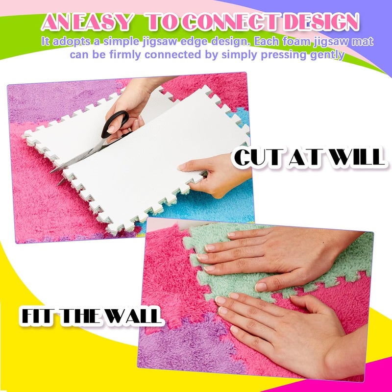 Tinideya 18 Pcs Plush Interlocking Carpet Tiles, 12 x 12 x 0.4 Inch EVA Foam Puzzle Mat Squares, Soft Washable Anti Slip Floor Mat for Bedroom, Nursery, Playroom, Living Room, Macaron Colors - Image 4