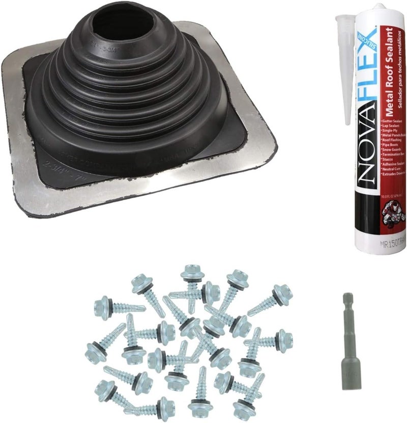 Fasteners Plus Store #4 Square EPDM Metal Roof Pipe Flashing Boot Kit - Fits 2-3/4" - 7" Pipe OD - Includes Flashing, NovaFlex Sealant & Roofing Stitch Screws - Black (Made in USA) - Image 1
