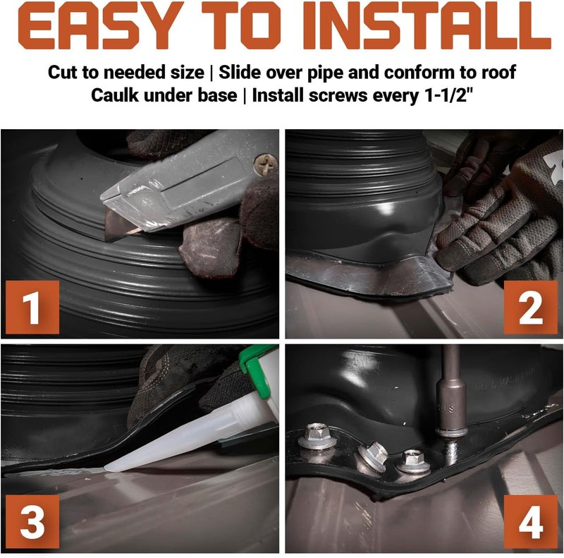 Fasteners Plus Store #4 Square EPDM Metal Roof Pipe Flashing Boot Kit - Fits 2-3/4" - 7" Pipe OD - Includes Flashing, NovaFlex Sealant & Roofing Stitch Screws - Black (Made in USA) - Image 4
