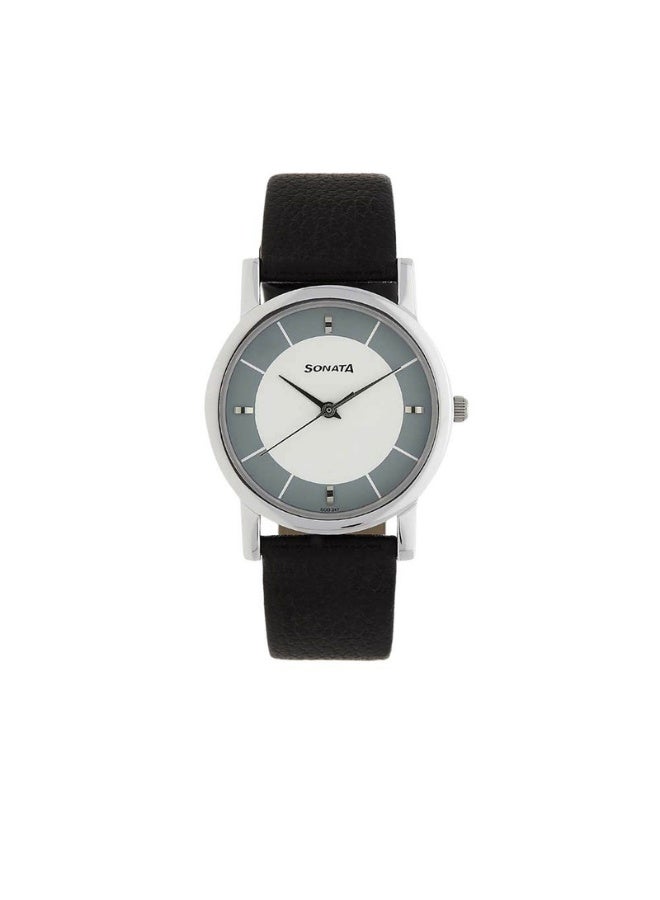 Sonata 7987SL01 Men’s Watch – White & Grey Analog Dial, Black Leather Strap, Quartz Movement, 30 m Water Resistance - Image 1