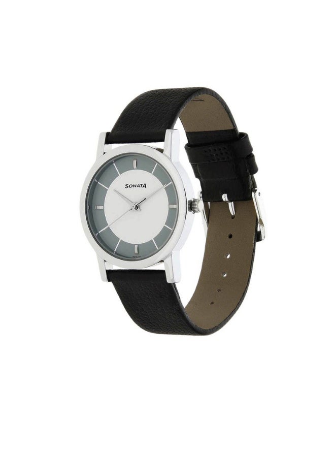 Sonata 7987SL01 Men’s Watch – White & Grey Analog Dial, Black Leather Strap, Quartz Movement, 30 m Water Resistance - Image 2