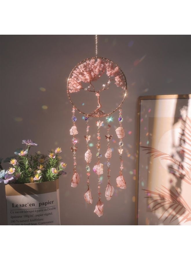 HOMESTAR Pink Dream Catchers Crystal Tree of Life Dreamcatcher with Natrual Raw Stones Butterfly Crystal Suncatcher Prism Hanging Ornament Home Wall Decor Idea Craft Gift for Girls Boys Adults - Image 1