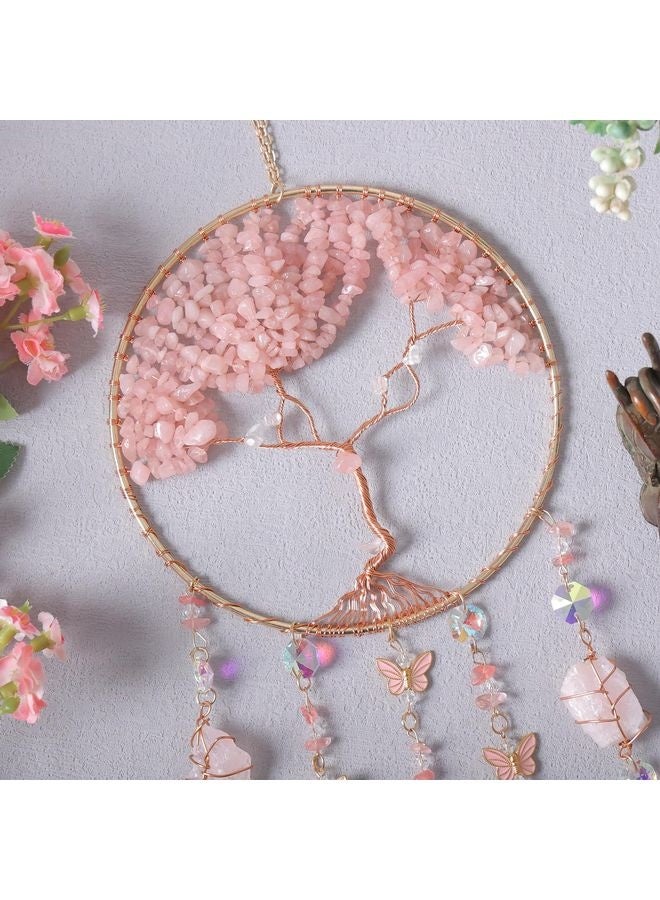 HOMESTAR Pink Dream Catchers Crystal Tree of Life Dreamcatcher with Natrual Raw Stones Butterfly Crystal Suncatcher Prism Hanging Ornament Home Wall Decor Idea Craft Gift for Girls Boys Adults - Image 3