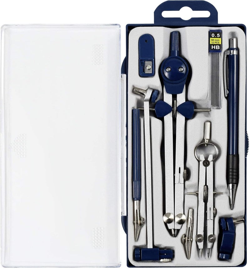 KASTWAVE Math Geometry Circle Kit, 9 Pieces Drawing Metal Compass, Geometry Precision Tool For Student, Circle Drawing Tool And Architecture, Drafting Kits For Engineer With Shatterproof Storage Box - Image 1