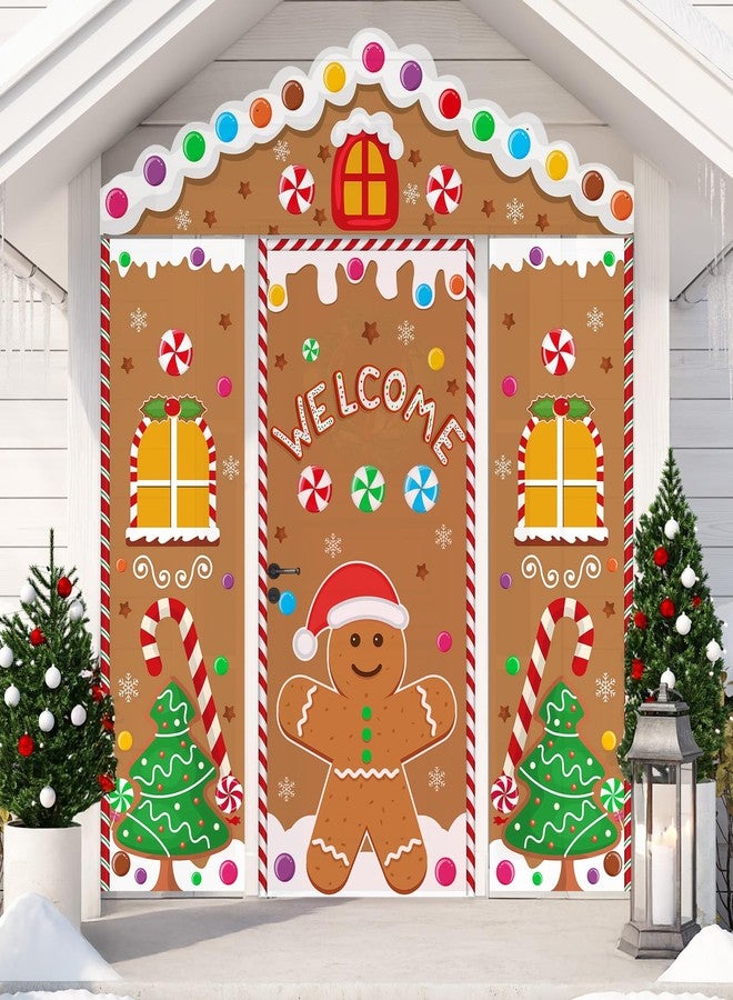 Mindsoft 4 Pcs Christmas Gingerbread House Door Cover Decoration, Xmas Gingerbread Front Door Cover Hanging Banner Holiday Backdrop for Home Wall Indoor Outdoor Porch Classroom Office - Image 1