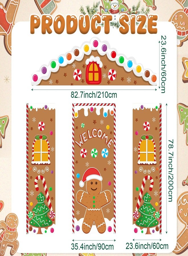 Mindsoft 4 Pcs Christmas Gingerbread House Door Cover Decoration, Xmas Gingerbread Front Door Cover Hanging Banner Holiday Backdrop for Home Wall Indoor Outdoor Porch Classroom Office - Image 2