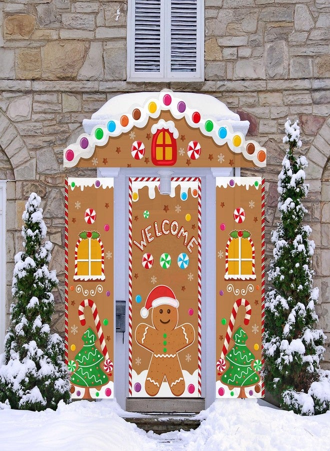 Mindsoft 4 Pcs Christmas Gingerbread House Door Cover Decoration, Xmas Gingerbread Front Door Cover Hanging Banner Holiday Backdrop for Home Wall Indoor Outdoor Porch Classroom Office - Image 5