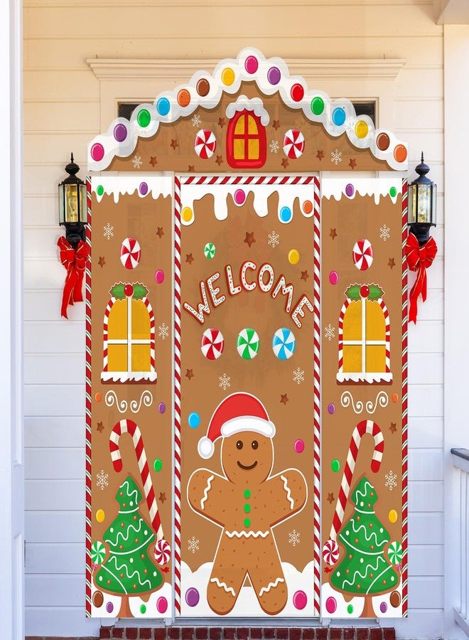 Mindsoft 4 Pcs Christmas Gingerbread House Door Cover Decoration, Xmas Gingerbread Front Door Cover Hanging Banner Holiday Backdrop for Home Wall Indoor Outdoor Porch Classroom Office - Image 4