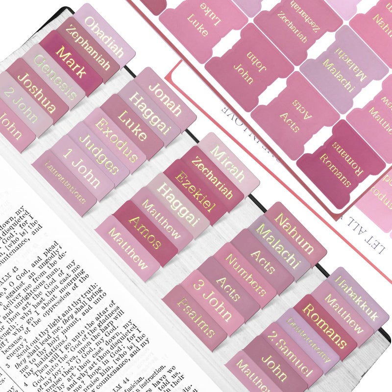 Reaeon Bible Tabs, 75 Tabs, Laminated Bible Index Tabs for Women and Men, Bible Book Tabs for Easy Navigation, Large Print Easy to Read(Gold Foil Pink) - Image 1