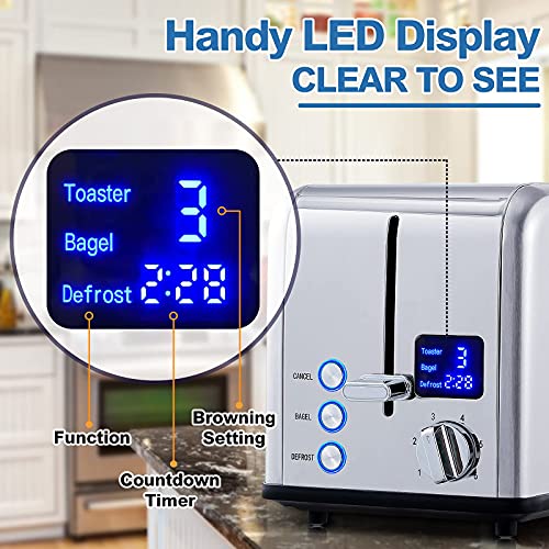 CUSIMAX محماص CUSIMAX من الفولاذ المقاوم للصدأ لشريحتين مع شاشة LED، فتحات عريضة إضافية، 6 إعدادات تحمير، إلغاء/بايغل/إذابة، صينية فتات قابلة للإزالة، فضي - Image 3