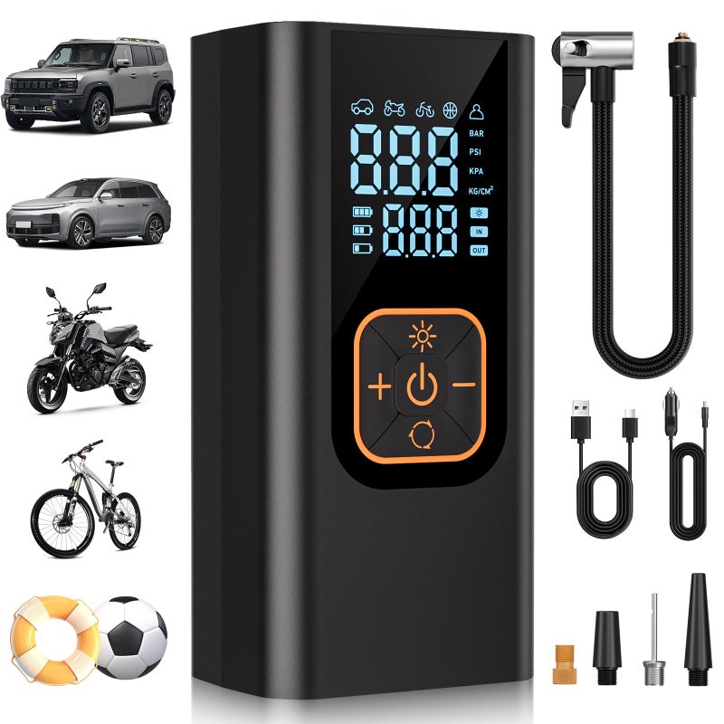 QKMPOM 180PSI Tire Inflator Portable Air Compressor, 6X Faster Air Pump for Car Tires with Digital Pressure Gauge, 12V DC Adapter, LED Light, Portable Tire Inflator for Car, Motorcycle, Bike, Balls - Image 1