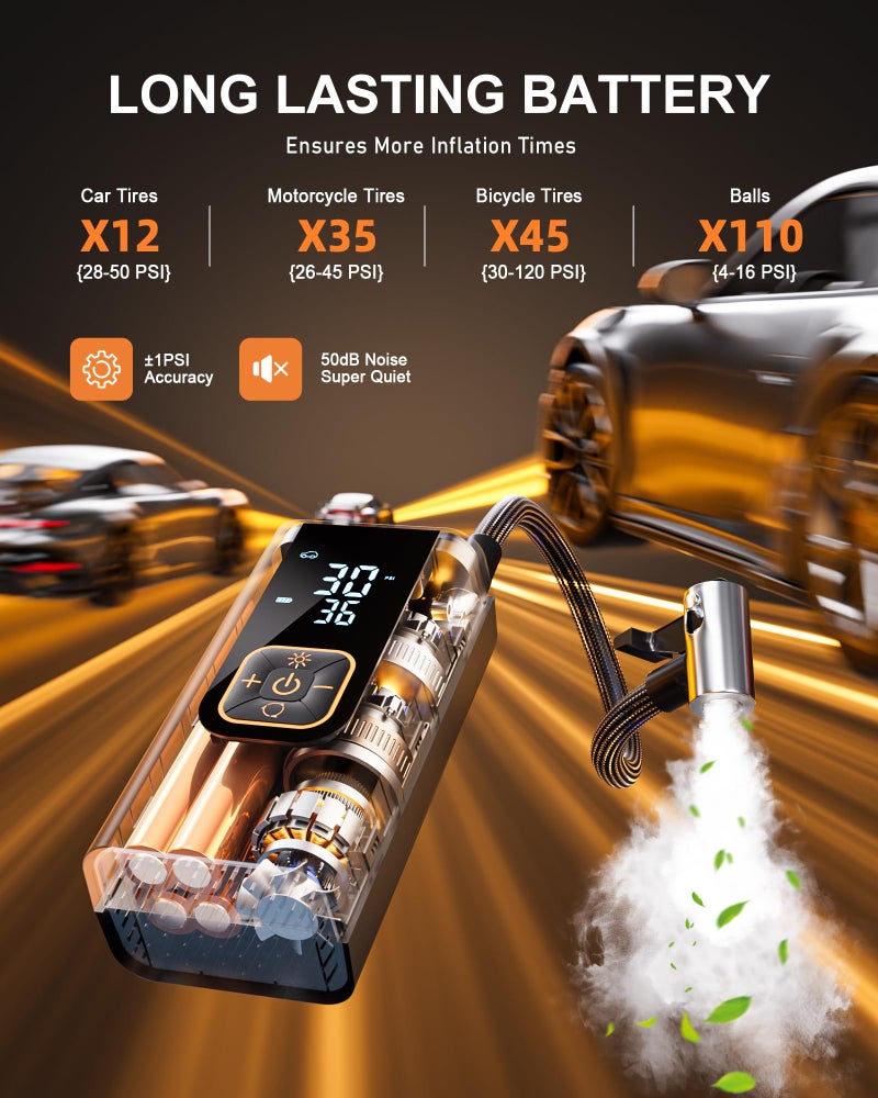 QKMPOM 180PSI Tire Inflator Portable Air Compressor, 6X Faster Air Pump for Car Tires with Digital Pressure Gauge, 12V DC Adapter, LED Light, Portable Tire Inflator for Car, Motorcycle, Bike, Balls - Image 3