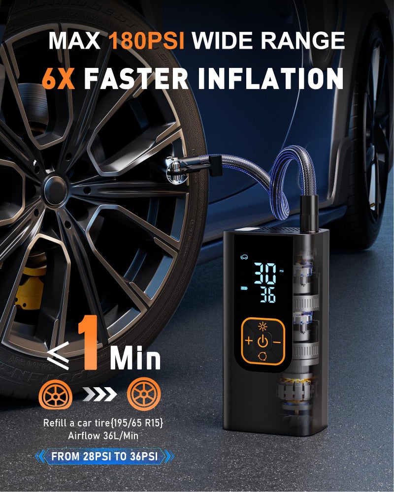 QKMPOM 180PSI Tire Inflator Portable Air Compressor, 6X Faster Air Pump for Car Tires with Digital Pressure Gauge, 12V DC Adapter, LED Light, Portable Tire Inflator for Car, Motorcycle, Bike, Balls - Image 2