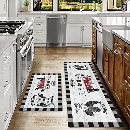 Ideasonna Farmhouse Kitchen Rugs Sets of 2 Black and White Buffalo Plaid Cow Rooster Kitchen Rug Non-Slip Washable Farmhouse Kitchen Mats for Floor - Image 2