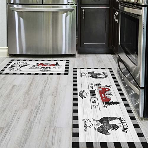 Ideasonna Farmhouse Kitchen Rugs Sets of 2 Black and White Buffalo Plaid Cow Rooster Kitchen Rug Non-Slip Washable Farmhouse Kitchen Mats for Floor - Image 4