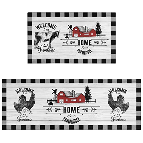 Ideasonna Farmhouse Kitchen Rugs Sets of 2 Black and White Buffalo Plaid Cow Rooster Kitchen Rug Non-Slip Washable Farmhouse Kitchen Mats for Floor - Image 1