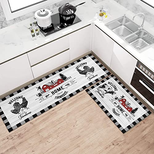 Ideasonna Farmhouse Kitchen Rugs Sets of 2 Black and White Buffalo Plaid Cow Rooster Kitchen Rug Non-Slip Washable Farmhouse Kitchen Mats for Floor - Image 3
