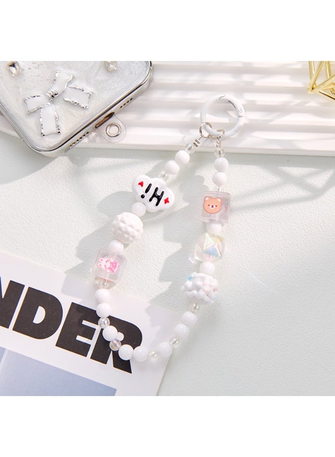 NIBEMINENT Beaded Phone Lanyard, Anti Lost Removable Wrist Strap, Cute Cartoon Cat Bracelet Pendant, Phone Keychain Lanyard,White