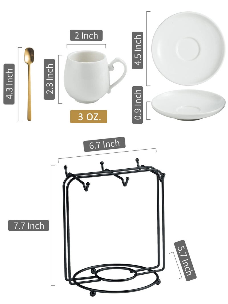 LYEOBOH Espresso Cups with Saucers Set, 3 Ounces Coffee Cups with Metal Stand and Spoons, Ceramic Cappuccino Coffee Cups Demitasse Cups for Espresso, Latte, Cafe Mocha and Tea, Set of 6, White - Image 2