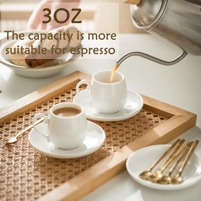 LYEOBOH Espresso Cups with Saucers Set, 3 Ounces Coffee Cups with Metal Stand and Spoons, Ceramic Cappuccino Coffee Cups Demitasse Cups for Espresso, Latte, Cafe Mocha and Tea, Set of 6, White - Image 3
