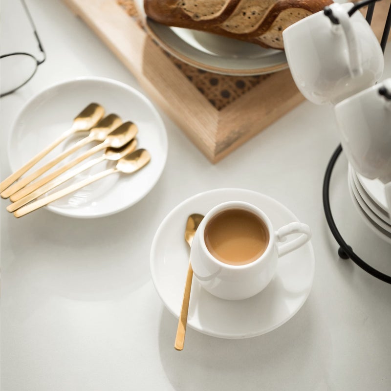 LYEOBOH Espresso Cups with Saucers Set, 3 Ounces Coffee Cups with Metal Stand and Spoons, Ceramic Cappuccino Coffee Cups Demitasse Cups for Espresso, Latte, Cafe Mocha and Tea, Set of 6, White - Image 5