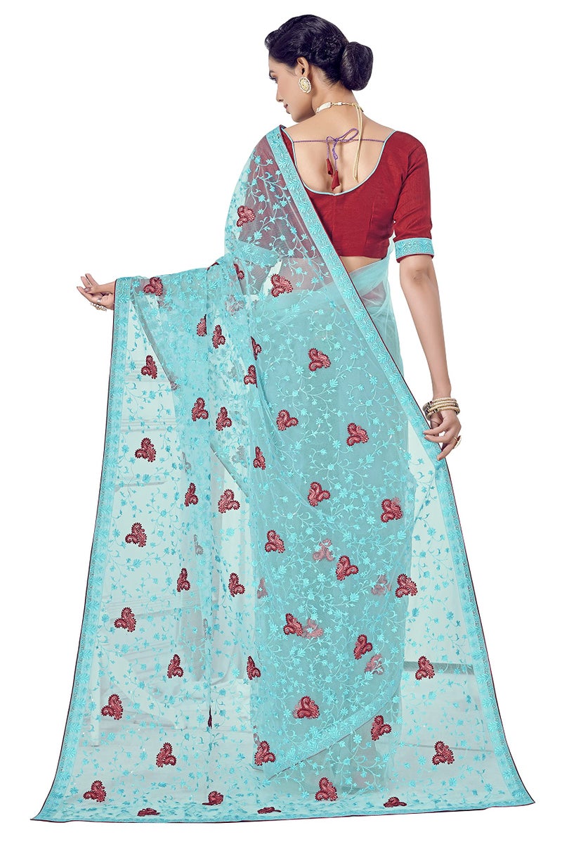 Glory Sarees Women's Net Saree with Embroidery Work (Luxury130_Firozi) - Image 4