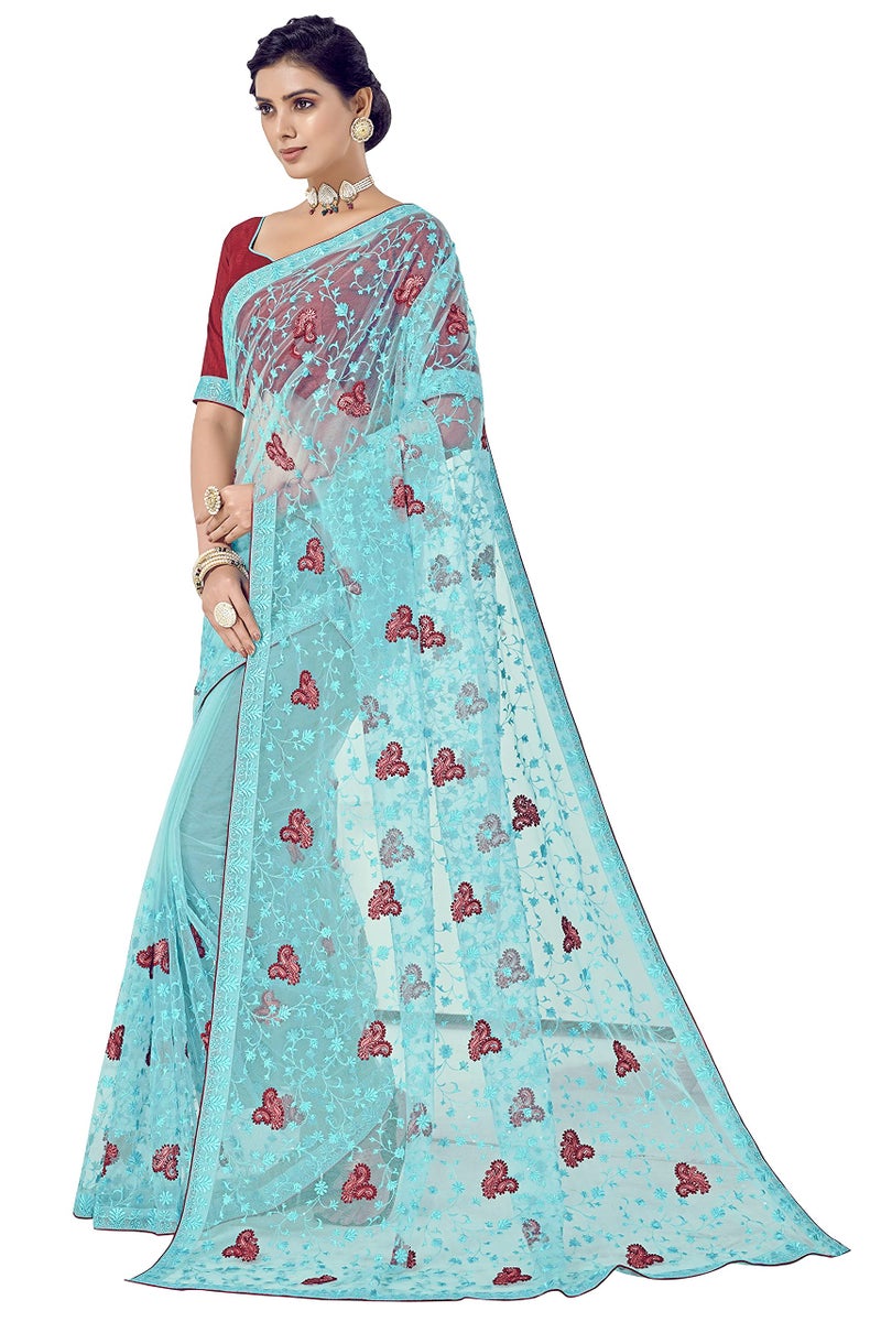 Glory Sarees Women's Net Saree with Embroidery Work (Luxury130_Firozi) - Image 3